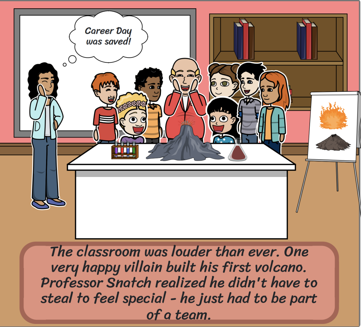 The kids and Professor Snatch make a volcano for a science project